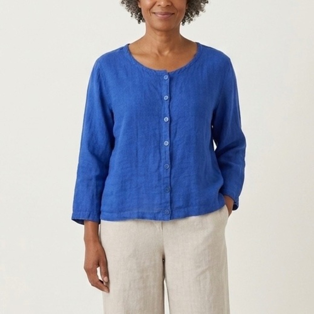 Flax Cobalt Blue 100% Linen Button Front 3/4 Sleeve Blouse Top Size Medium